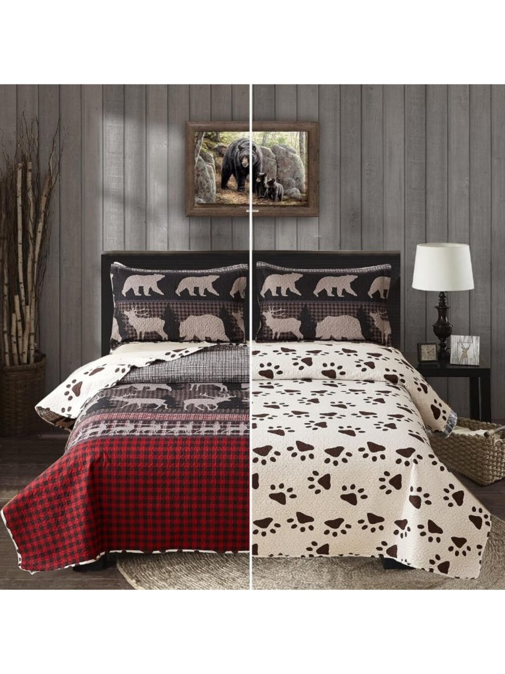 Queen Size Rustic Lodge Quilt Set - Lightweight Reversible Buffalo Plaid Bedding